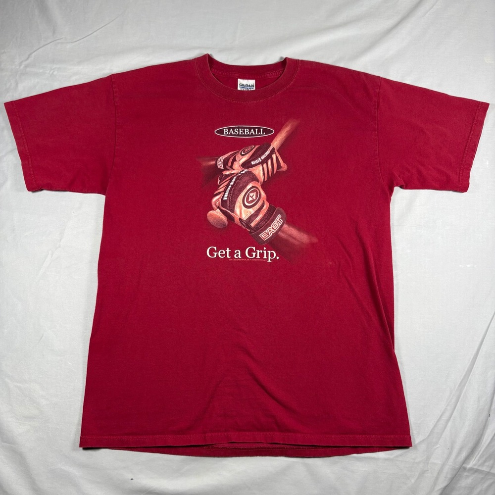 Gildan Ultra Cotton Baseball Get a Grip Graphic T-Shirt Mens Large Red Vintage